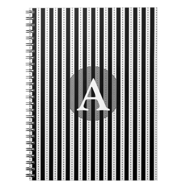 Black and White Pinstripes Personalised Monogram Notebook (Front)