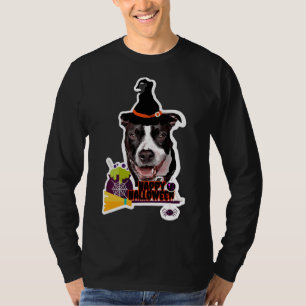 Black And White Pitbull Dog Witch Halloween T-Shirt