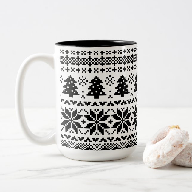 Black and White Pixel Knit Sweater Winter Mug (With Donut)