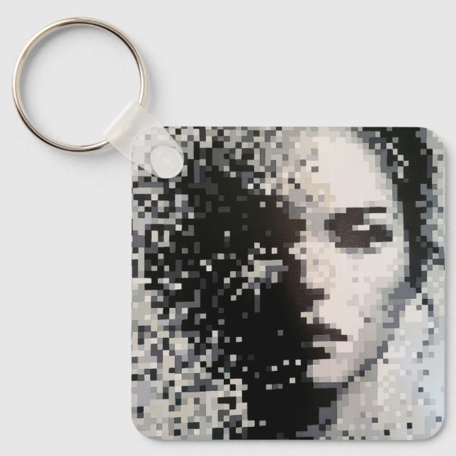 Black and white pixelated portrait key ring (Front)