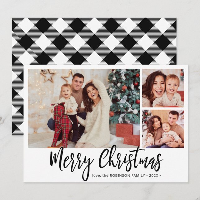 Black and White Plaid 3 Photo Collage Christmas  Holiday Card (Front/Back)