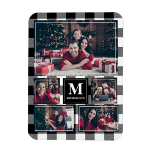 Black and White Plaid 5 Photo with Monogram Magnet