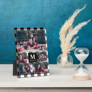 Black and White Plaid 5 Photo with Monogram Plaque