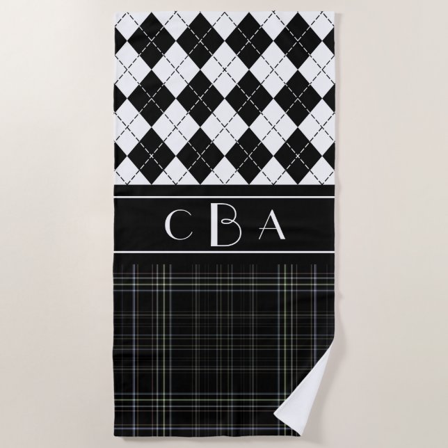 Black and White Plaid and Argyle Monogrammed Beach Towel (Front)