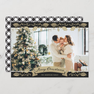 Black and White Plaid Botanical Photo Christmas Holiday Card