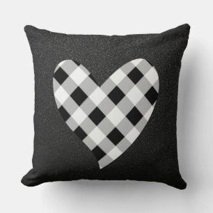 Black and White Plaid Heart Throw Pillow