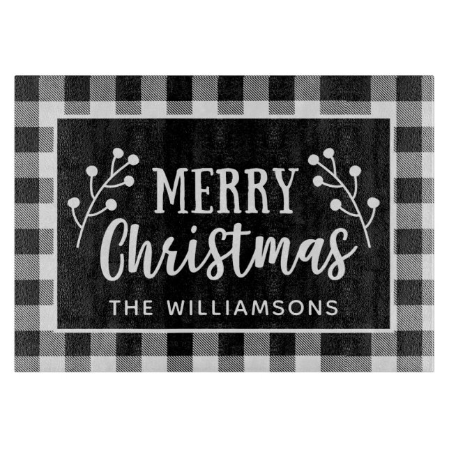 Black and White Plaid Merry Christmas Cutting Board (Front)