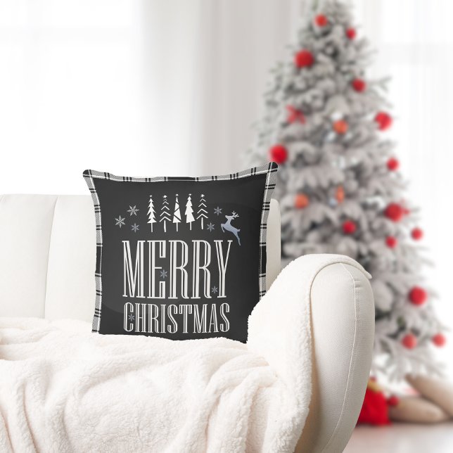 Black and White Plaid Merry Christmas Holiday Cushion (Creator Uploaded)