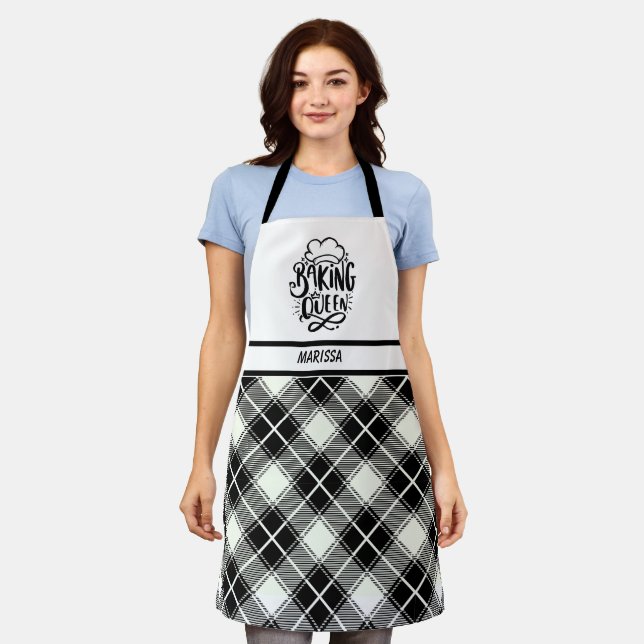 Black and White Plaid Name Baking Queen Apron (Worn)