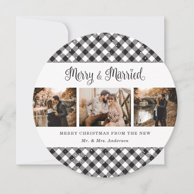 Black and White Plaid Newlyweds Christmas Cards (Front)
