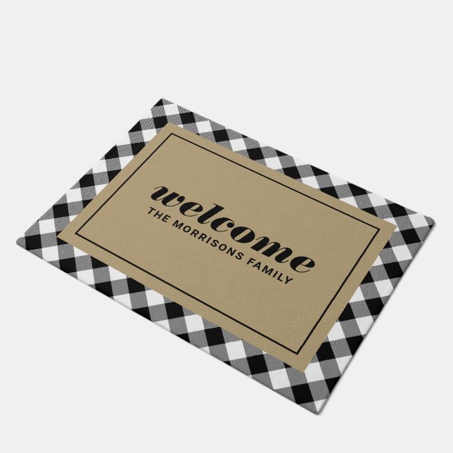 Black and White Plaid Personalised Welcome Doormat (Angled)
