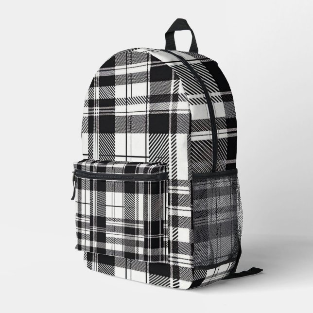 Black and White Plaid Printed Backpack (Back Corner Right)