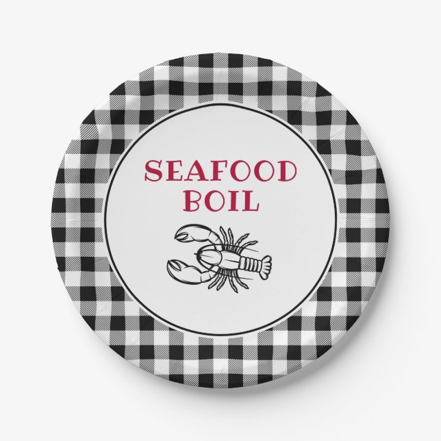 Black and White Plaid Seafood Boil Party Paper Plate (Front)