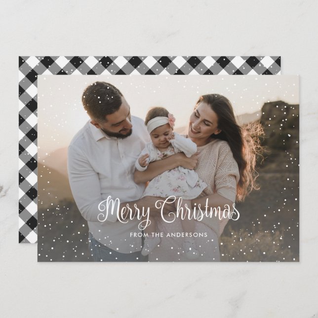 Black and White Plaid Snow Photo Christmas Card (Front/Back)