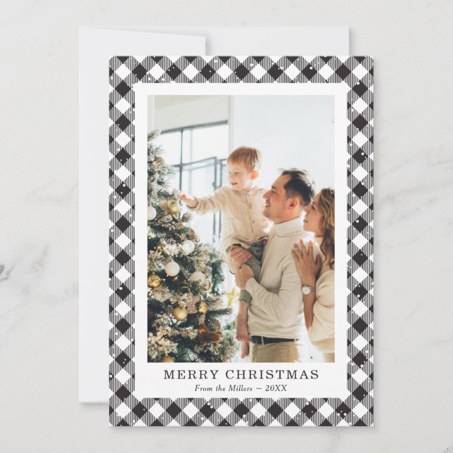 Black and White Plaid Snow Photo Merry Christmas Holiday Card (Front)
