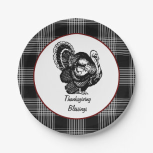 Black and White Plaid Thanksgiving Blessings Turke Paper Plate