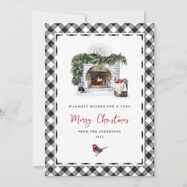 Black and White Plaid Warm Wishes Christmas Cards (Front)