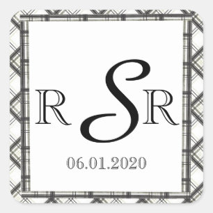 Black and White Plaid Wedding Monogram Square Sticker