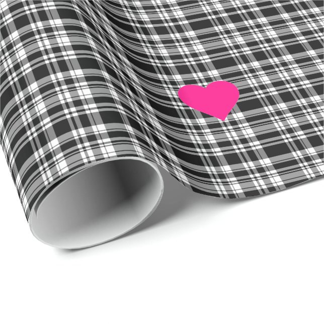 Black and White plaid with Hearts Wrapping Paper (Roll Corner)