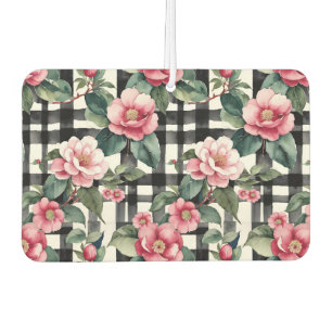 Black and White Plaid With Leafy Pink Camellias Car Air Freshener