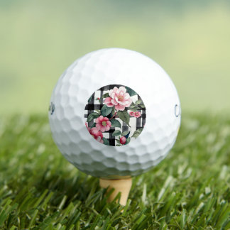 Black and White Plaid With Leafy Pink Camellias Golf Balls