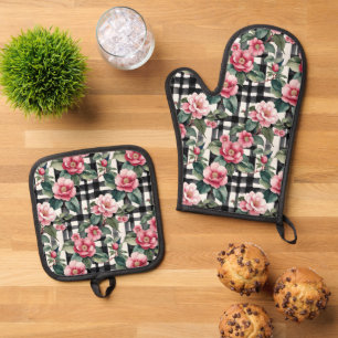 Black and White Plaid With Leafy Pink Camellias Oven Mitt & Pot Holder Set