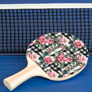 Black and White Plaid With Leafy Pink Camellias Ping Pong Paddle