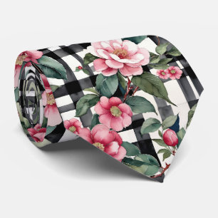 Black and White Plaid With Leafy Pink Camellias Tie