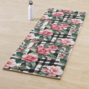 Black and White Plaid With Leafy Pink Camellias Yoga Mat