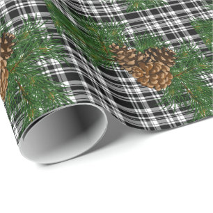 Black and white Plaid with Pine-cone detail Wrapping Paper