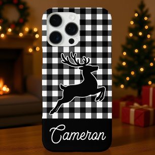 Black and White Plaid with Reindeer Custom Name iPhone 16 Pro Max Case