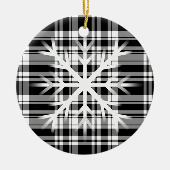 Black and White Plaid with snow flake detail Ceramic Ornament (Front)