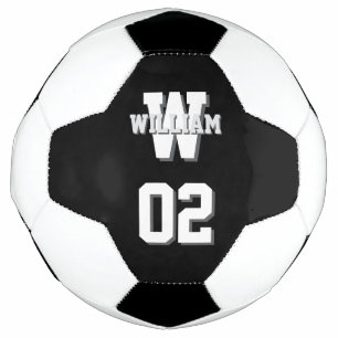 Black and White Player Name and Team Number Soccer Ball