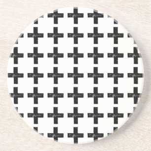 Black and White "Plus" Math Symbol Lino Cut Coaster