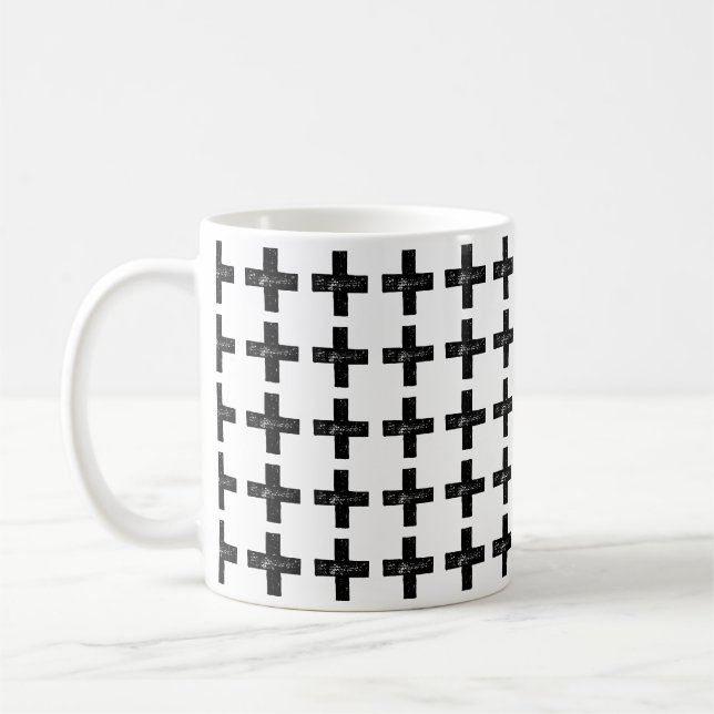 Black and White "Plus" Math Symbol Lino Cut Coffee Mug (Left)