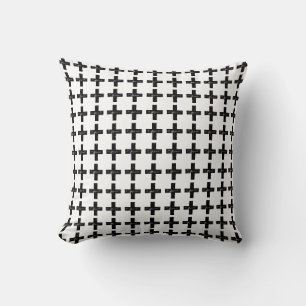 Black and White "Plus" Math Symbol Lino Cut Cushion