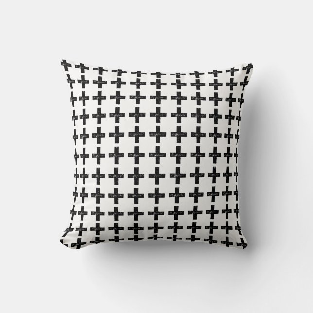 Black and White "Plus" Math Symbol Lino Cut Cushion (Front)