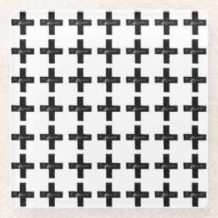Black and White "Plus" Math Symbol Lino Cut Glass Coaster
