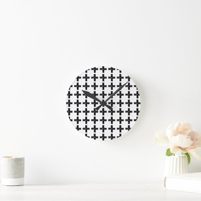 Black and White "Plus" Math Symbol Lino Cut Round Clock (Home)