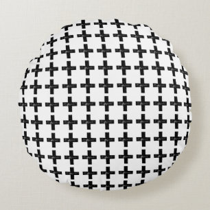 Black and White "Plus" Math Symbol Lino Cut Round Cushion