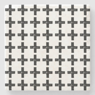 Black and White "Plus" Math Symbol Lino Cut Stone Coaster
