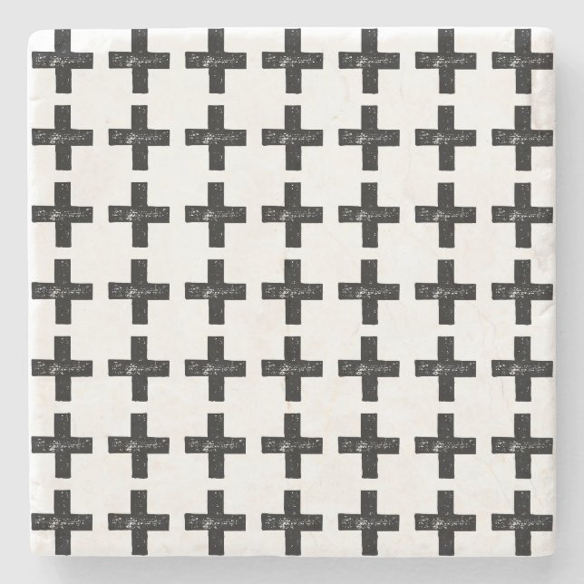 Black and White "Plus" Math Symbol Lino Cut Stone Coaster (Front)