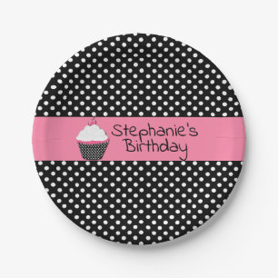Black and White Polka Dot Cupcake Paper Plate