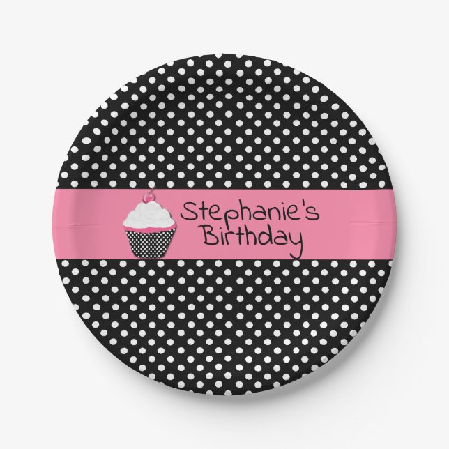 Black and White Polka Dot Cupcake Paper Plate (Front)