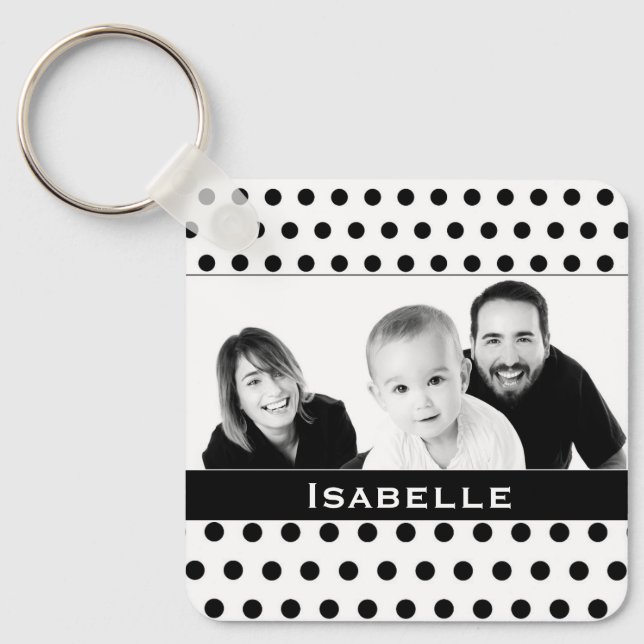 Black and White Polka Dot Custom Photo Key Ring (Front)
