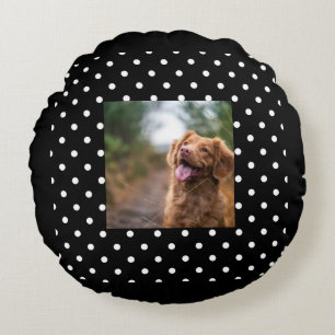 Black and white polka dot Dog pic Round Cushion