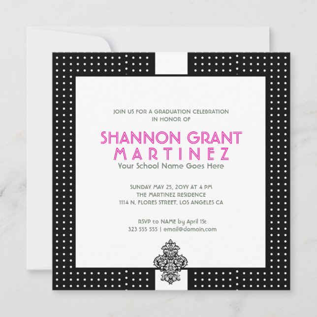 Black And White Polka-Dot-Elegant Grad Invite (Front)