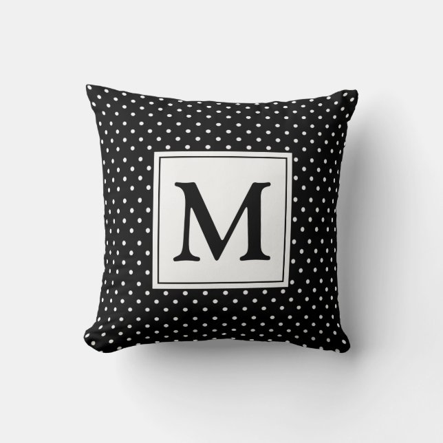Black and White Polka Dot Modern Monogram Cushion (Front)