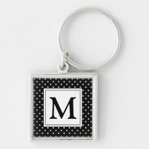 Black and White Polka Dot Modern Monogram Key Ring