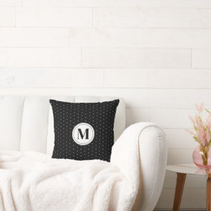 Black and White Polka Dot Monogram Typography Cushion